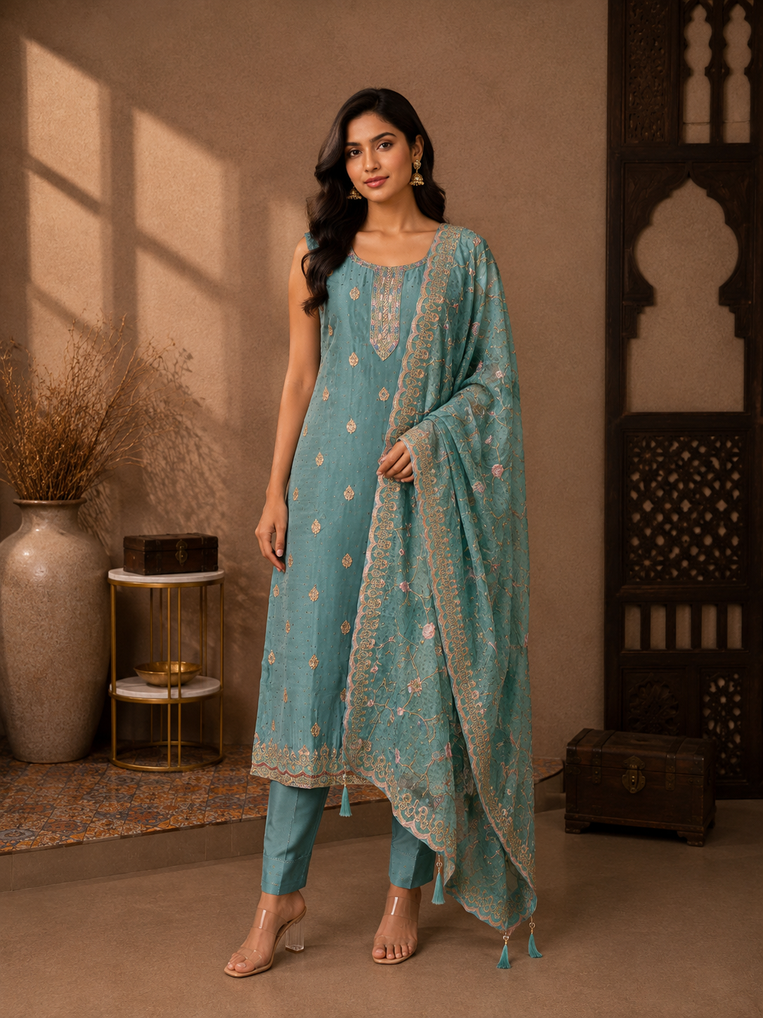 Premium Tissue Silk Straight Suit Set with Embroidered Tissue Dupatta – Aqua Blue